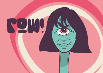 Boneca verde tipo monster com dois dentes cabelo chanel no  fundo cor de rosa