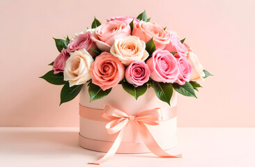 Obraz premium A luxurious bouquet of pink and white roses arranged in an elegant round gift box with a satin ribbon is perfect for romantic occasions and floral-themed designs. Selective focus
