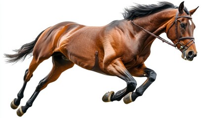Obraz premium Powerful Bay Horse in Mid Air Jump Equestrian Sport Action Shot Athletic Equine