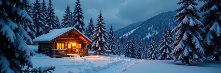 Cozy cabin scene with snowy fir trees & warm lights, design, holiday background