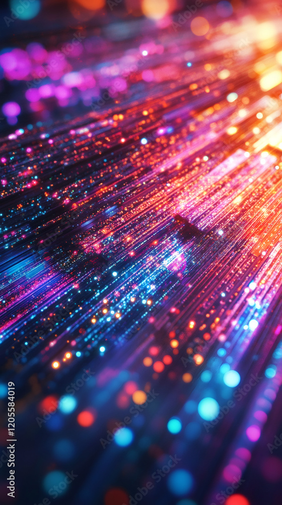 Poster digital flow visualized through vibrant light streams, representing data movement with dynamic bokeh
