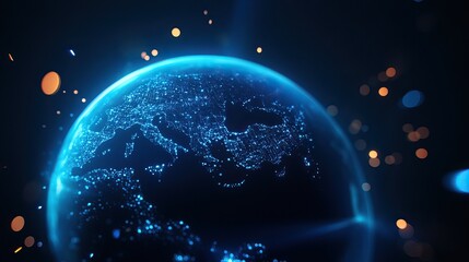 Naklejka premium Glowing globe with digital connections, set against a dark background, showcasing a futuristic perspective.