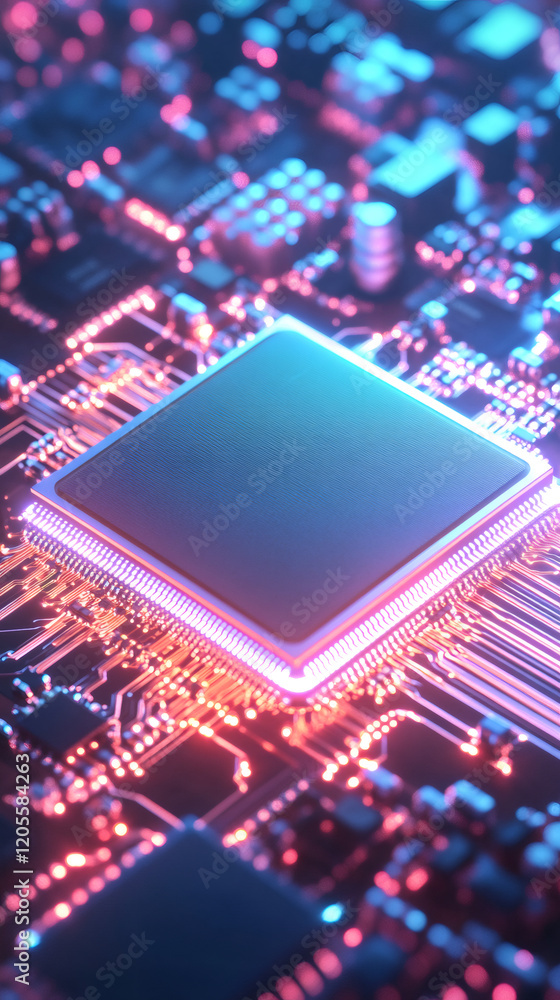 Leinwandbilder glowing cpu processing data on motherboard, illuminated by neon lights, highlighting technological c