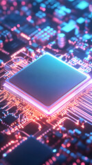 Glowing CPU processing data on motherboard, illuminated by neon lights, highlighting technological complexity and computational power