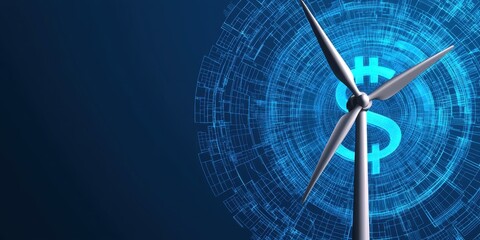 international economics  investment sustainability concept. A digital illustration featuring a wind turbine overlaid with a dollar sign, symbolizing the intersection of renewable energy and finance.
