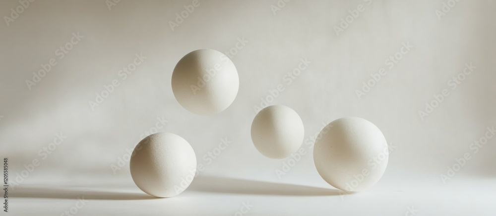 Poster minimalist composition featuring three white floating spheres on a light background