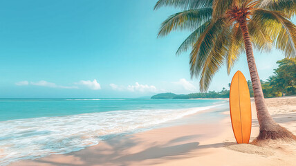 Surfboards against the backdrop of a Hawaiian beach with palm trees and a turquoise ocean.