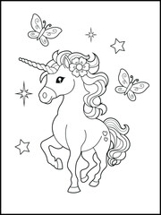 Illustration of a cute baby unicorn cartoon character. Black and white Printable Unicorn coloring page for kids.