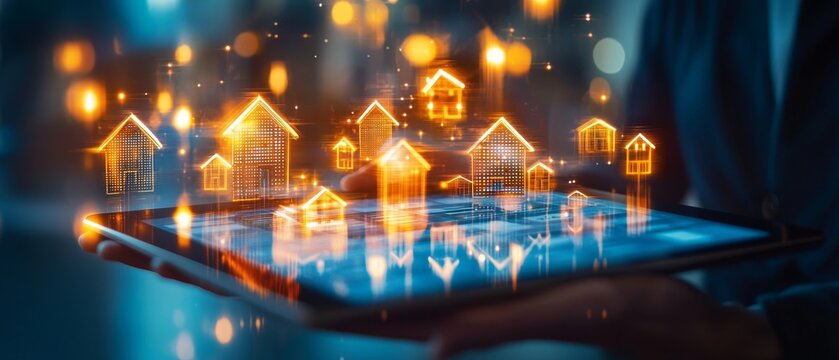 A digital tablet displays glowing house icons, representing virtual real estate, with a blurred background of soft lights.