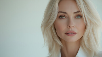 Fototapeta premium Alluring young woman with wavy blonde hair gazing confidently at the camera against soft background with copy space