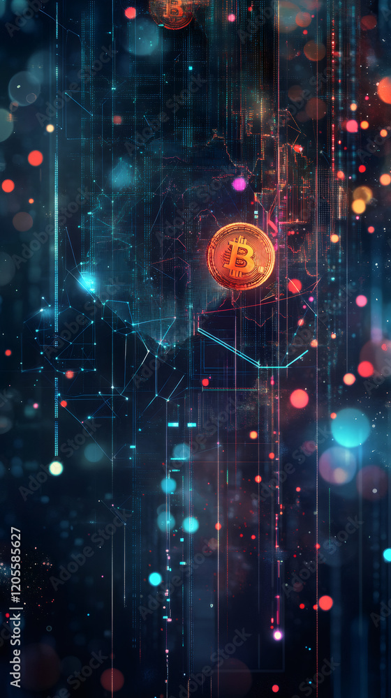 Aufkleber Cryptocurrency Bitcoin plummeting through glowing digital network, representing blockchain technology and financial data exchange