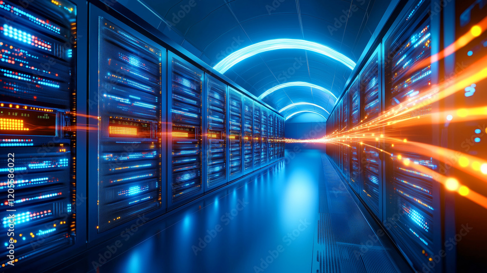 Aufkleber modern data center with glowing server racks in a corridor