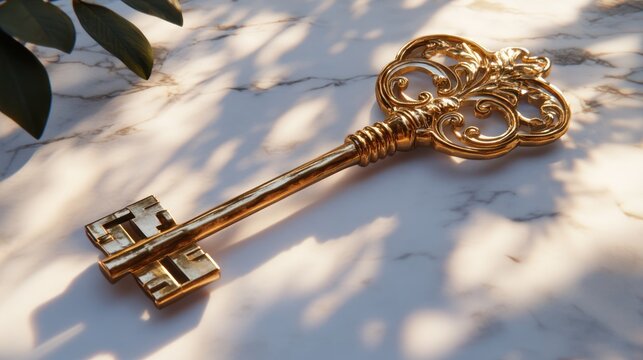 Ornate golden skeleton key on marble.