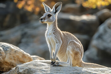 Naklejka premium Young Kangaroo Sitting on Rocks in Sunlight