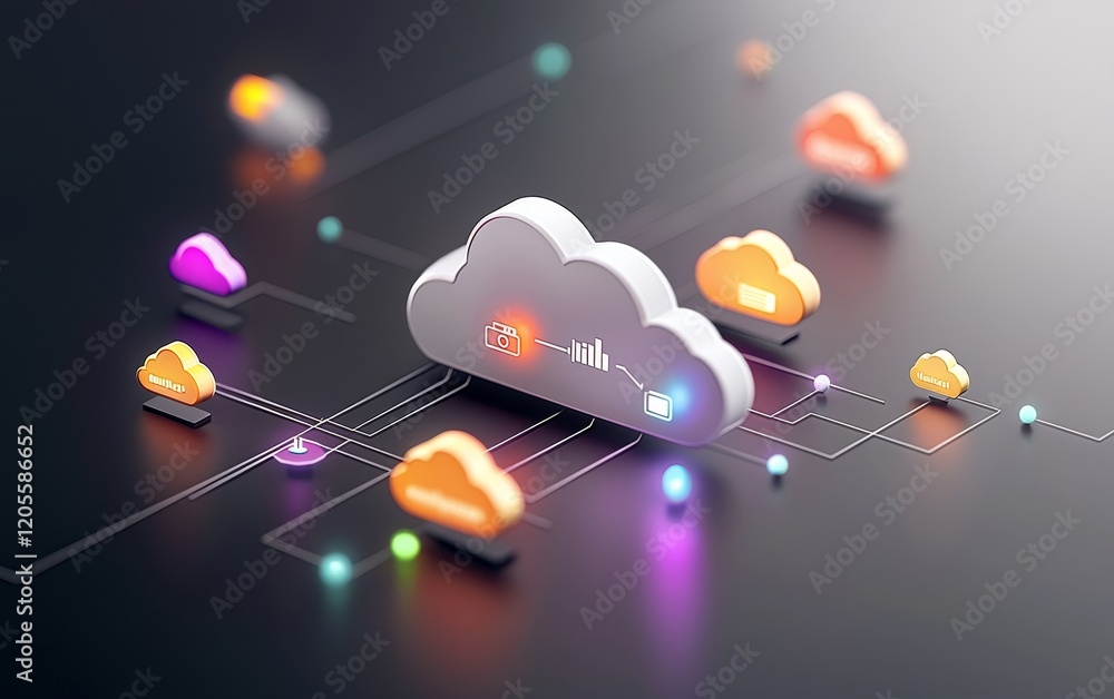 Poster a stylized representation of cloud computing with colorful data connections, emphasizing modern tech