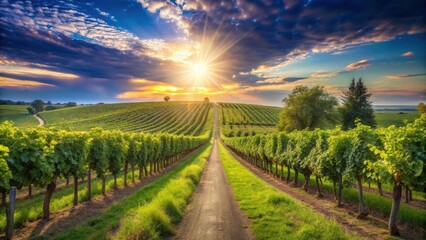 Fototapeta premium Serene Vineyard Pathway at Sunset Rows of Lush Grapevines Lead to a Golden Horizon