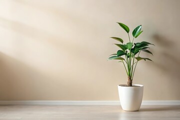 Serene Indoor Plant in Minimalist Setting, Sunlight Illuminates a Simple Room with Greenery