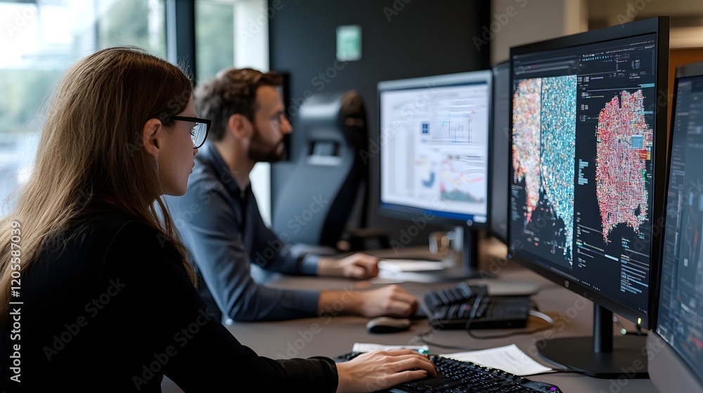 Poster financial data analysts monitoring live charts and graphs on computer screens in office