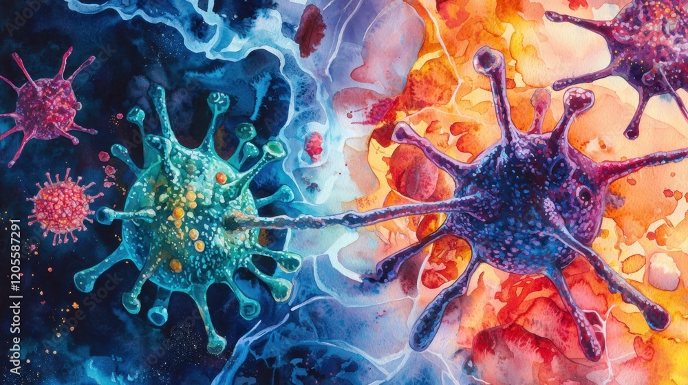 Poster detailed illustration showcases vibrant viruses engaging in a dynamic interaction against a backdrop