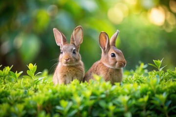 Fototapeta premium Two adorable brown bunnies nestled amongst vibrant green foliage, enjoying a spring day in a natural habitat