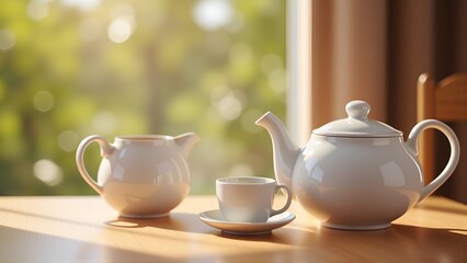 Fototapeta premium Sunlit White Ceramic Tea Set Against Green Garden Window View