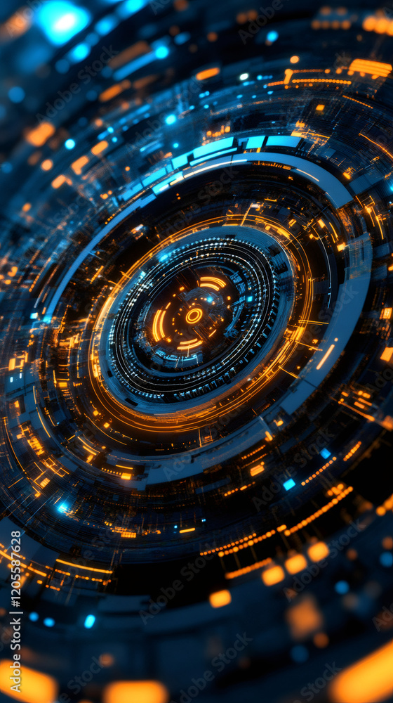 Poster complex circular technological device emitting orange and blue light, futuristic technology and inno