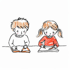 Creative children drawing together with colorful pencils and books