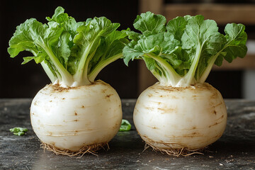 Two Fresh White Turnips with Green Tops
