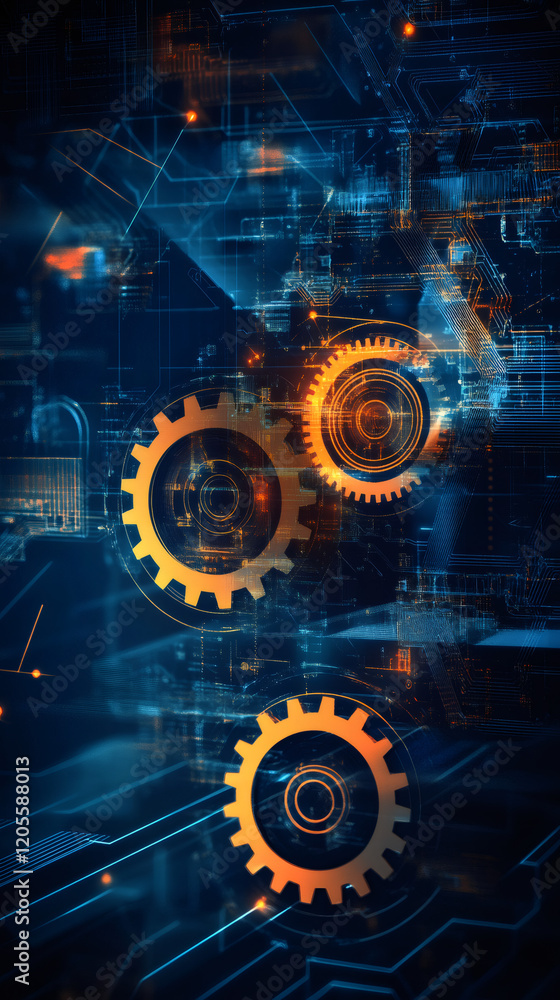 Aufkleber metallic gears interlocking, symbolizing digital connectivity, technological progression, and synchr