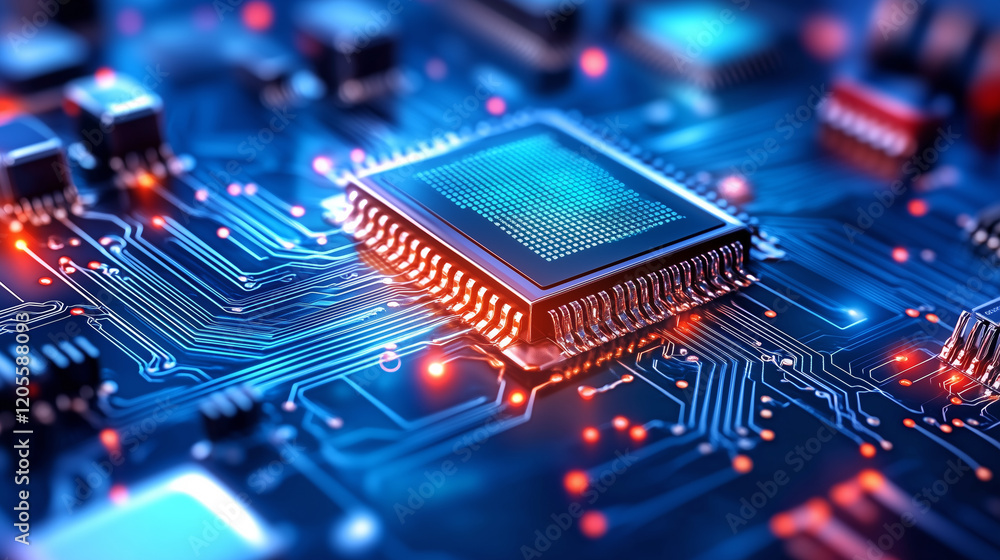 Poster circuit board with microchip glowing in digital setting