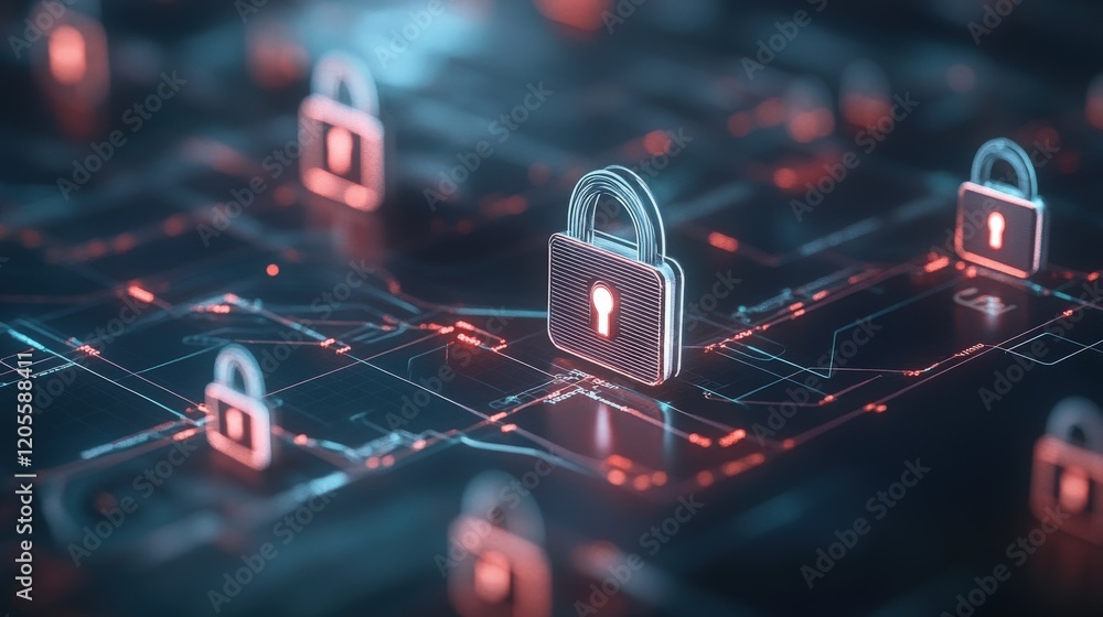 Poster Digital locks on a futuristic network displaying concepts of cybersecurity, data protection, and encryption for modern technology and privacy solutions