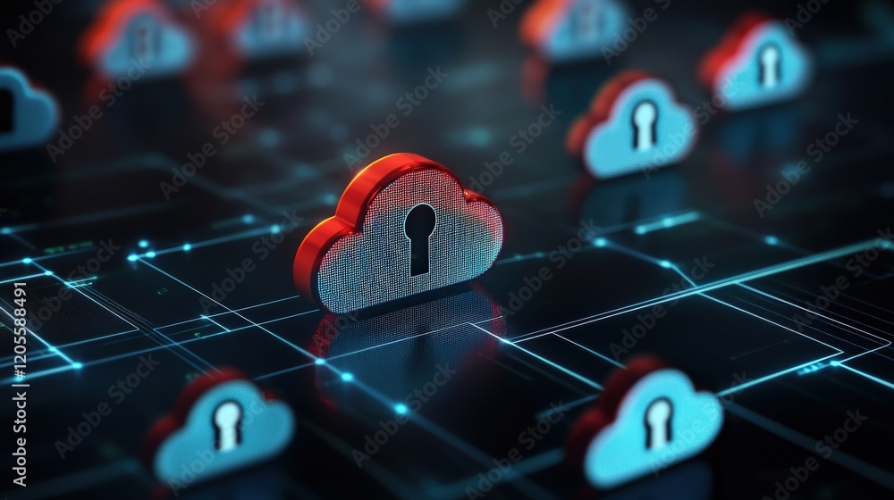 Poster Futuristic digital cloud security concept featuring red clouds with keyholes on a dark network background symbolizing data protection and online safety for technology users.