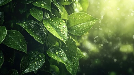 Fototapeta premium Dew-kissed leaves, garden, sunlight, bokeh, nature