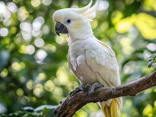 Fototapeta premium A white cockatoo bird perched on a tree branch with blurred green foliage in the background
