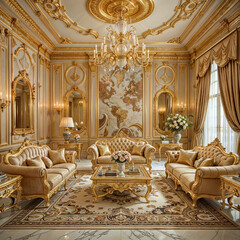 The image showcases a luxurious living room with ornate golden furniture, including three couches, two coffee tables, and a large chandelier. The room features intricate gold and beige wallpaper, eleg