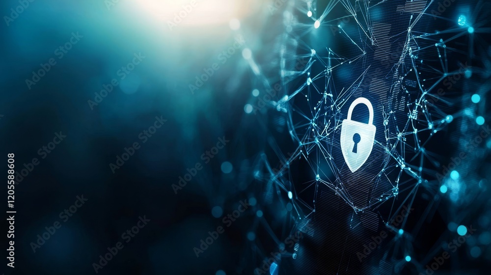 Poster a digital representation of cybersecurity, featuring a lock icon amidst a network of connections, sy