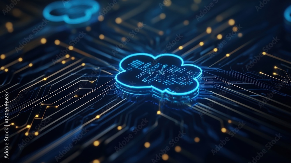 Aufkleber Futuristic Digital Cloud Computing Graphic Representing Data Connection and Processing with Abstract Circuit Board Background in Blue and Yellow Hues