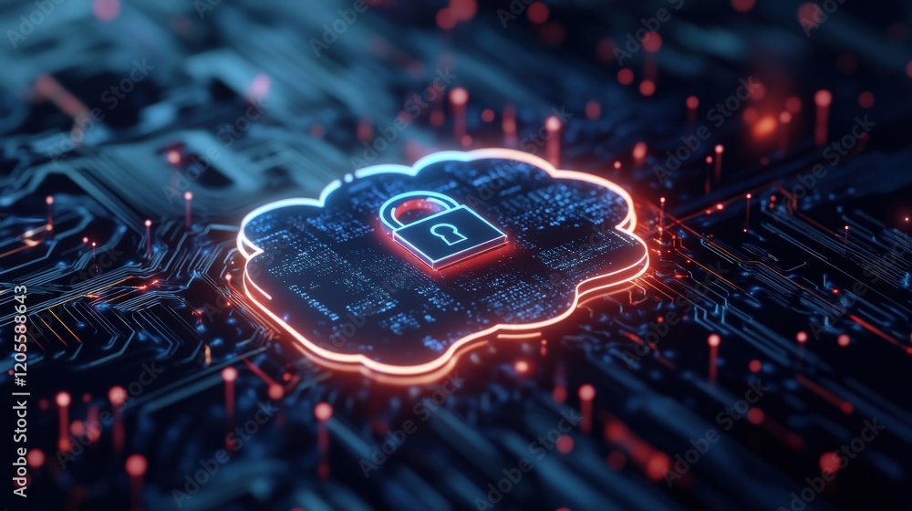 Aufkleber Cloud Computing Security Concept with Digital Lock on Circuit Board, Symbolizing Data Protection and Privacy in Modern Technology Landscape