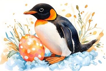 A whimsical watercolor of a penguin chick perched on a pastel Easter egg in a snowy setting, blending winter and festive spring charm.