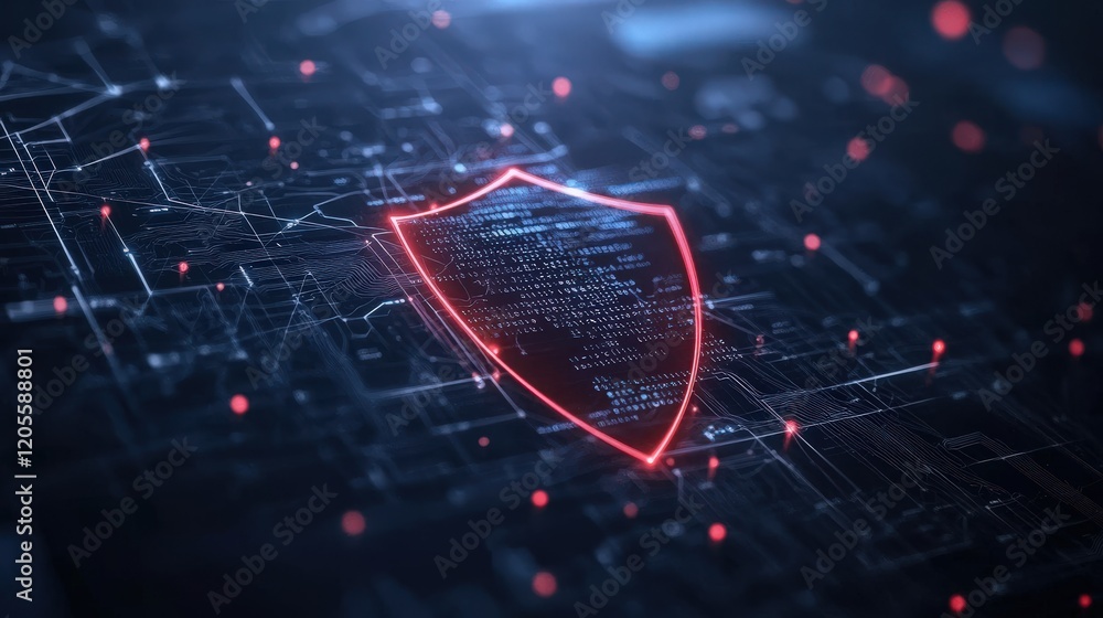 Poster Abstract digital background featuring a glowing shield symbolizing cybersecurity protection in a networked environment with data lines and nodes