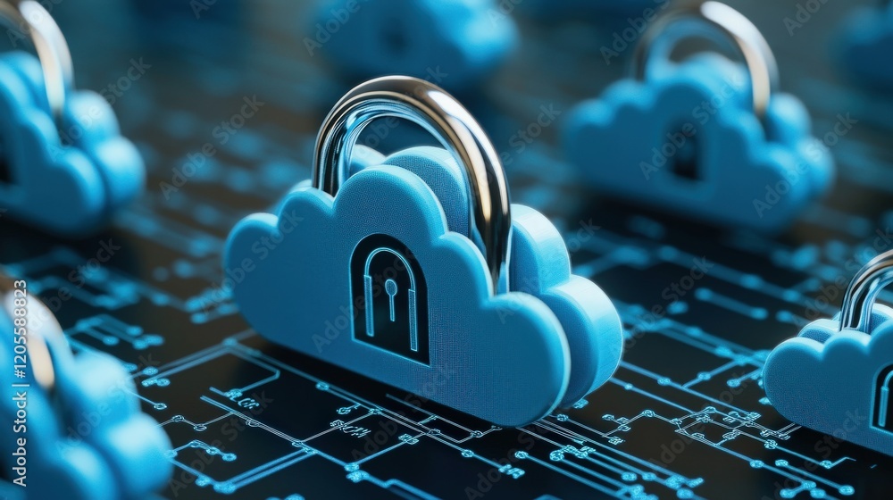 Aufkleber cloud storage security concept with blue locks and circuit board design, emphasizing digital safety 