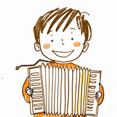 boy playing small accordion, smiling widely with joy and enthusiasm