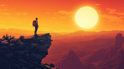 Hiker on mountaintop at sunset, overlooking vast landscape.