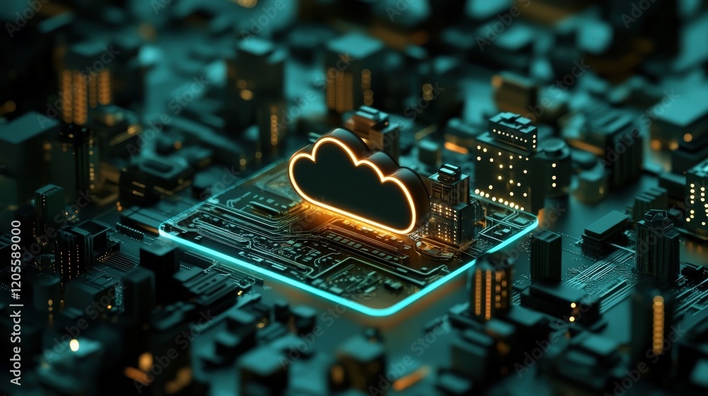 Poster futuristic cloud computing technology in urban environment with glowing circuit board and iconic clo