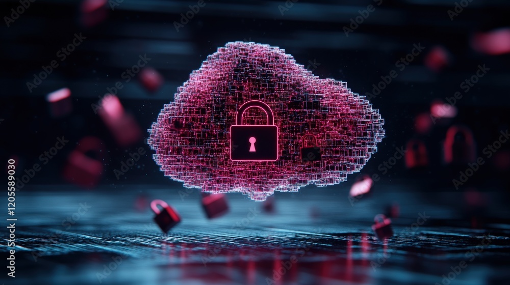 Poster Digital cloud security concept with holographic padlock and data protection symbols floating around in a futuristic technology environment