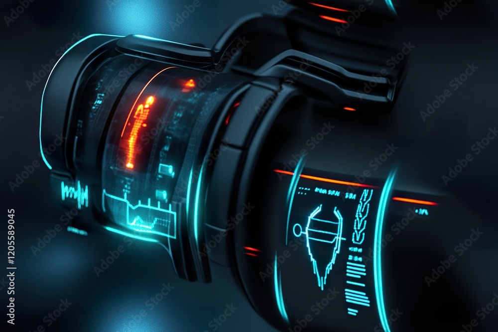 Poster futuristic device displays vital data streams