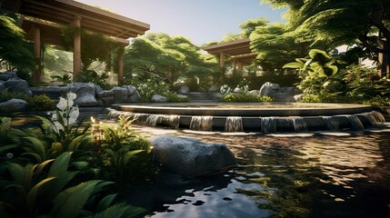 Naklejka premium A photo of a calming spa relaxation garden with fountain