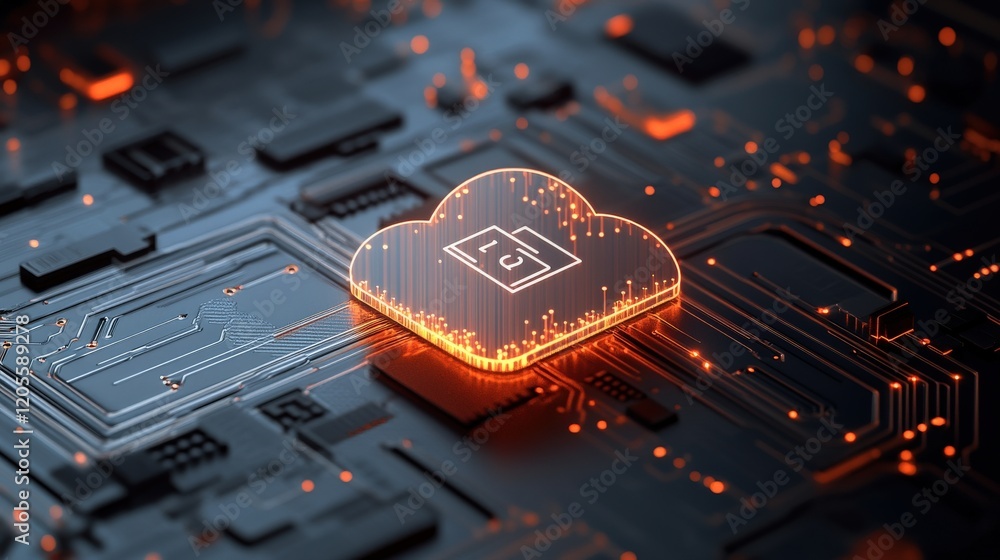 Aufkleber Futuristic Cloud Computing Concept with Circuit Board Elements and Glowing Orange Graphics Representing Data Storage and Digital Connectivity in Modern Technology