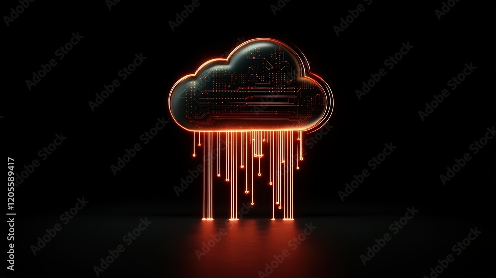 Aufkleber Futuristic Cloud Computing Concept with Neon Lights and Data Digital Streams Representing Technology and Information Flow in a Dark Background