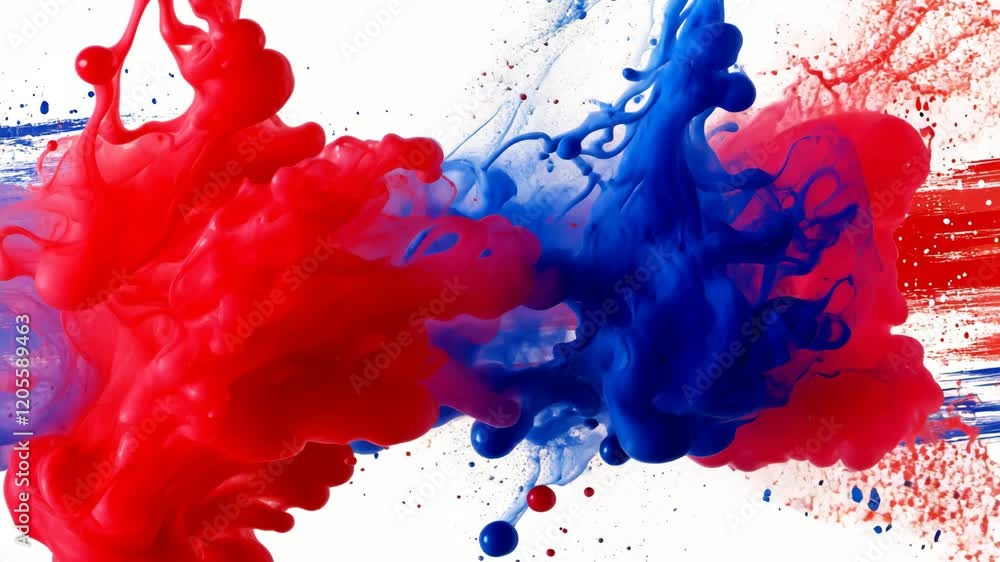 Poster swirling red and blue paint creates dynamic patterns against a white background in an artistic displ
